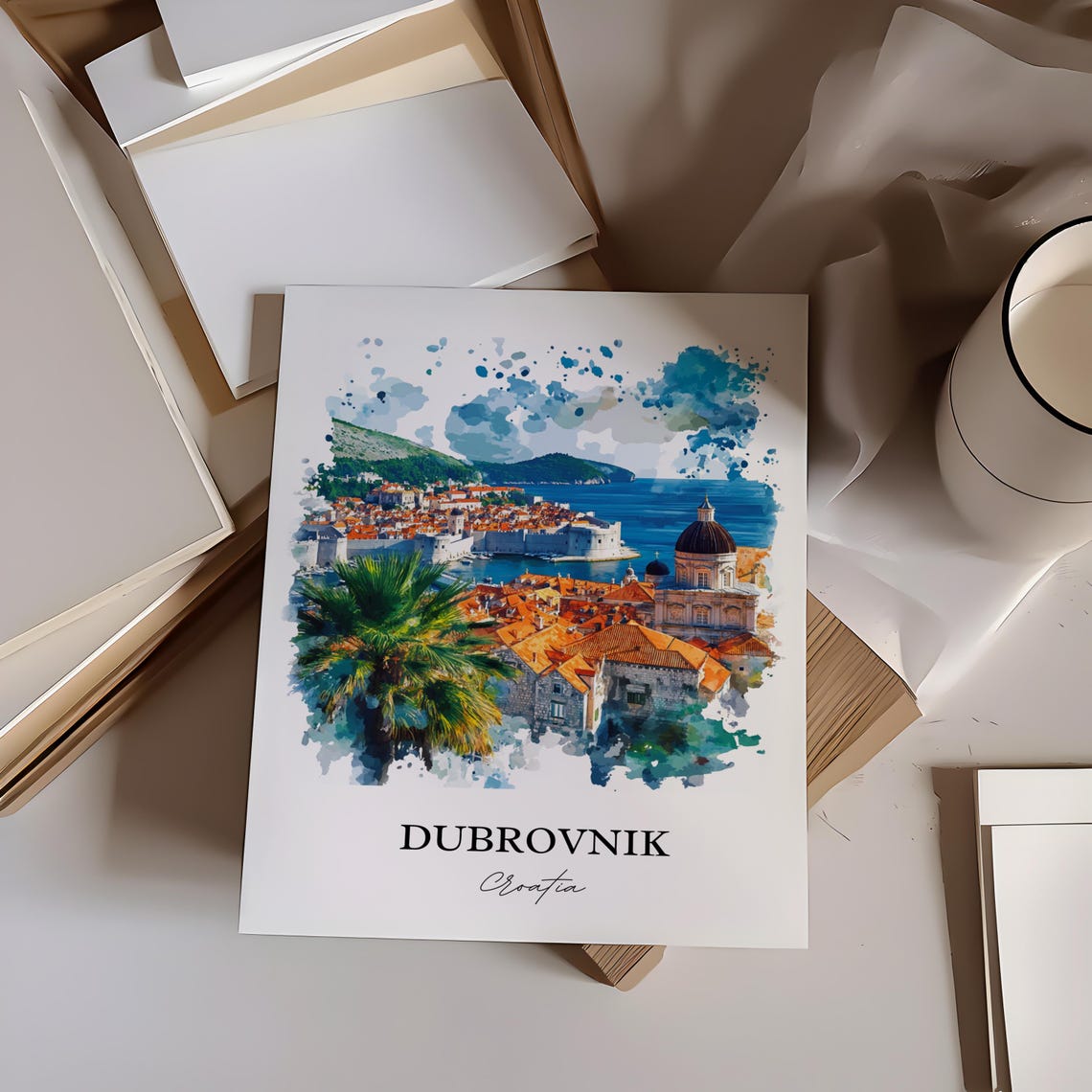 Dubrovnik Croatia Old Town Harbor Watercolor Adriatic Travel Poster - Image 3