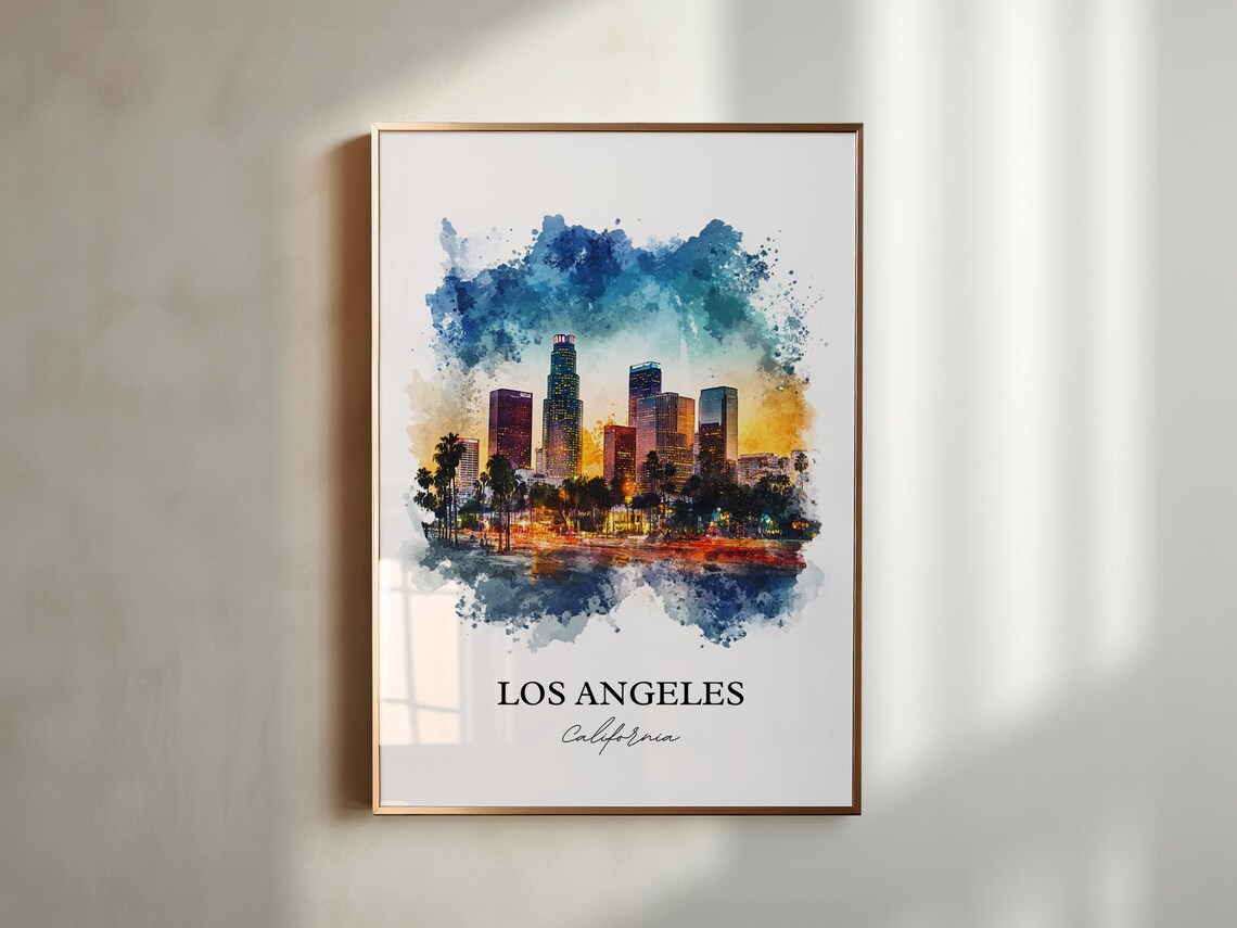 Los Angeles California Sunset Skyline Watercolor Travel Poster - Image 5