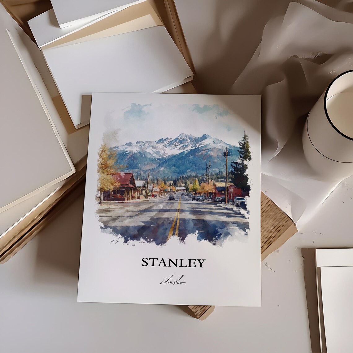Stanley Idaho Main Street Sawtooth Mountains Watercolor Travel Poster - Image 5