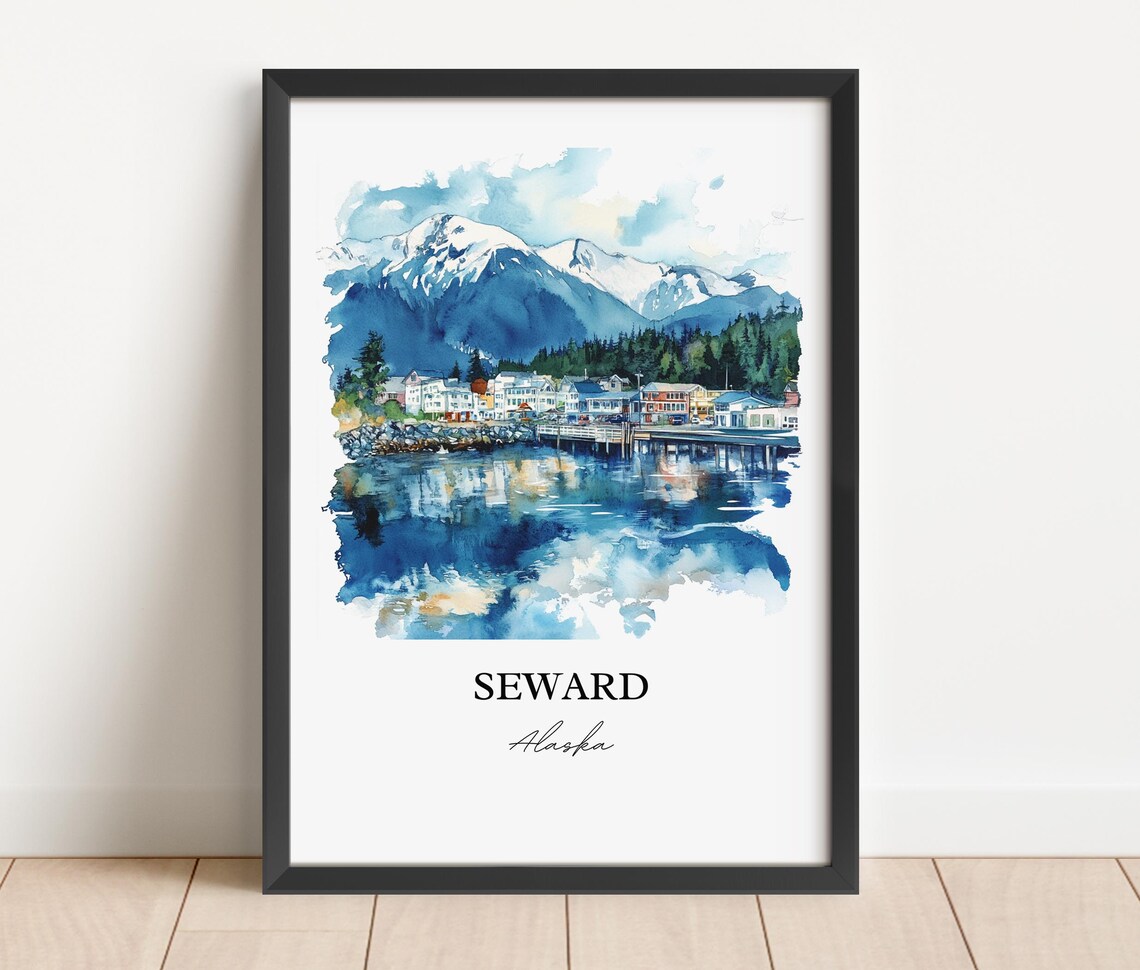 Seward Alaska Harbor Town Snowy Mountain Watercolor Travel Poster - Image 3