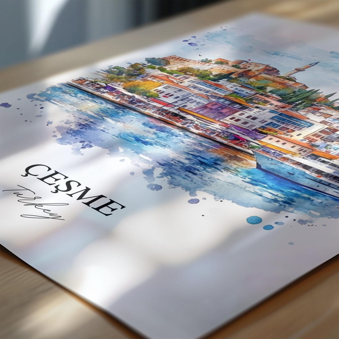 Cesme Turkey Watercolor Old Harbor Castle Coastal Travel Poster - Image 7