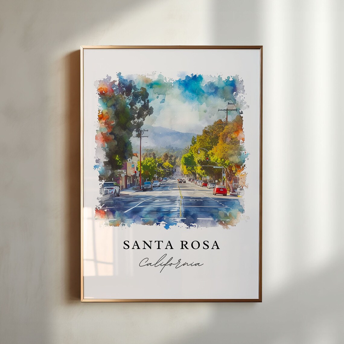 Santa Rosa California Sunny Downtown Street Watercolor Travel Poster