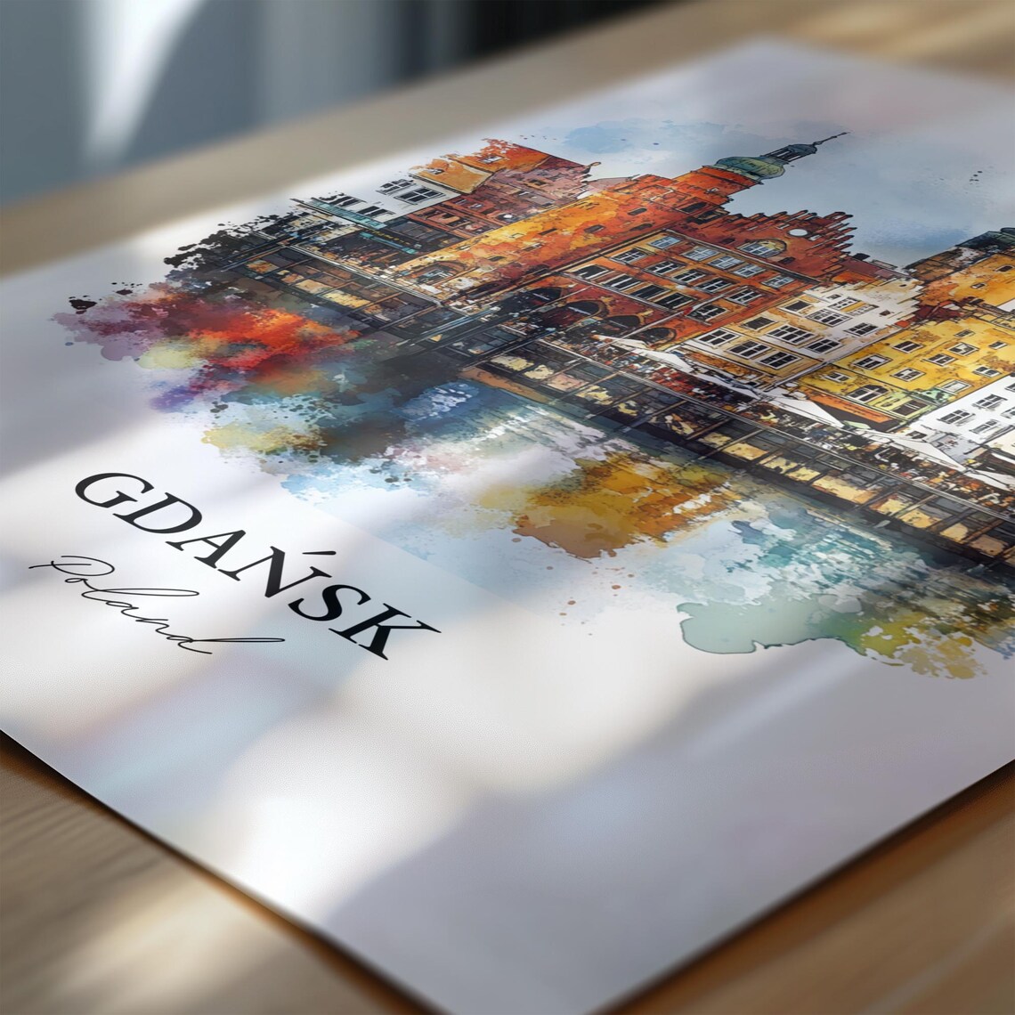 Gdansk Poland Watercolor Colorful Waterfront Houses Travel Poster - Image 6