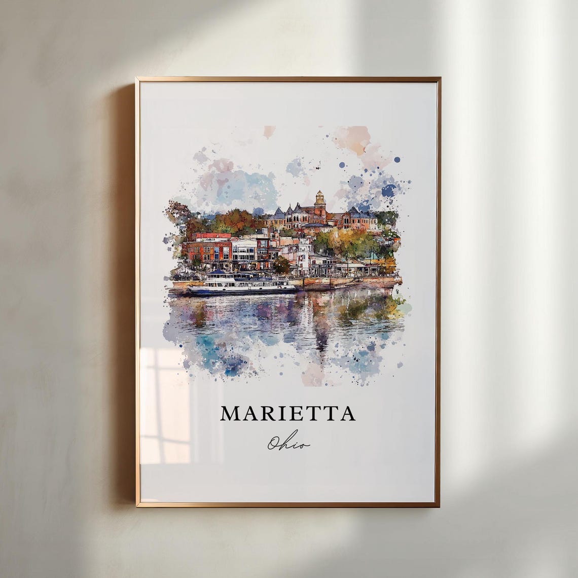 Marietta Ohio Watercolor Riverfront Steamboat River Scene Print
