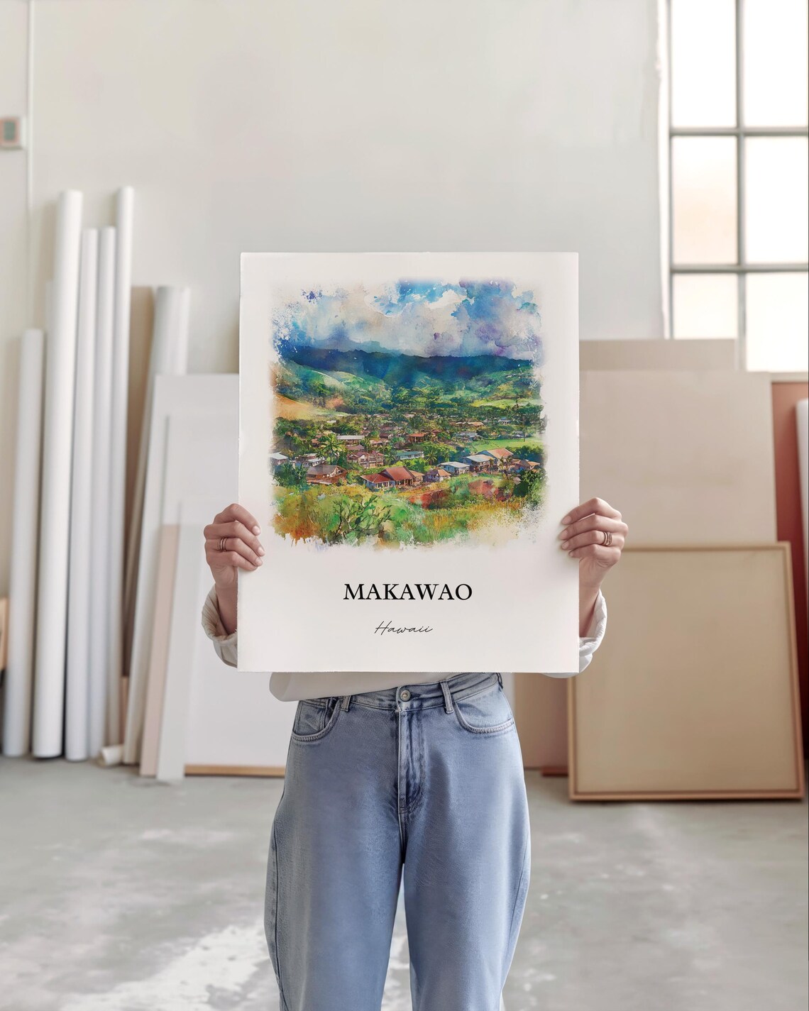Makawao Hawaii Upcountry Maui Town Mountains Watercolor Poster - Image 4