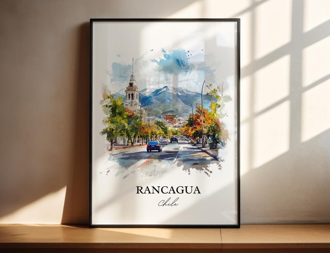 Rancagua Chile Watercolor Church Tower Street Mountain View Poster