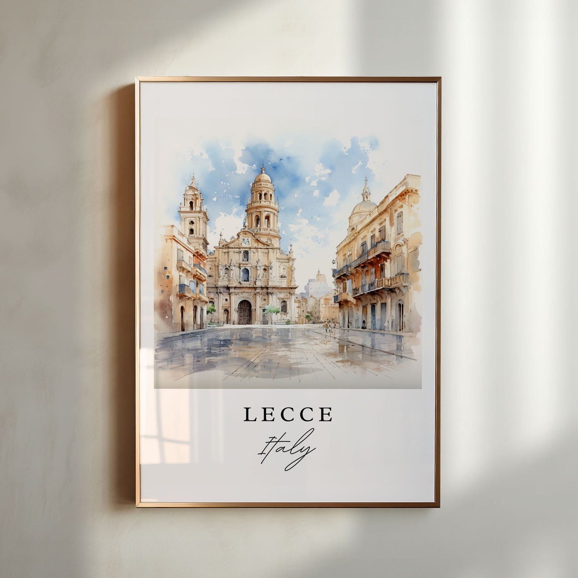 Lecce Italy Watercolor Baroque Cathedral Piazza Old Town Scene Poster