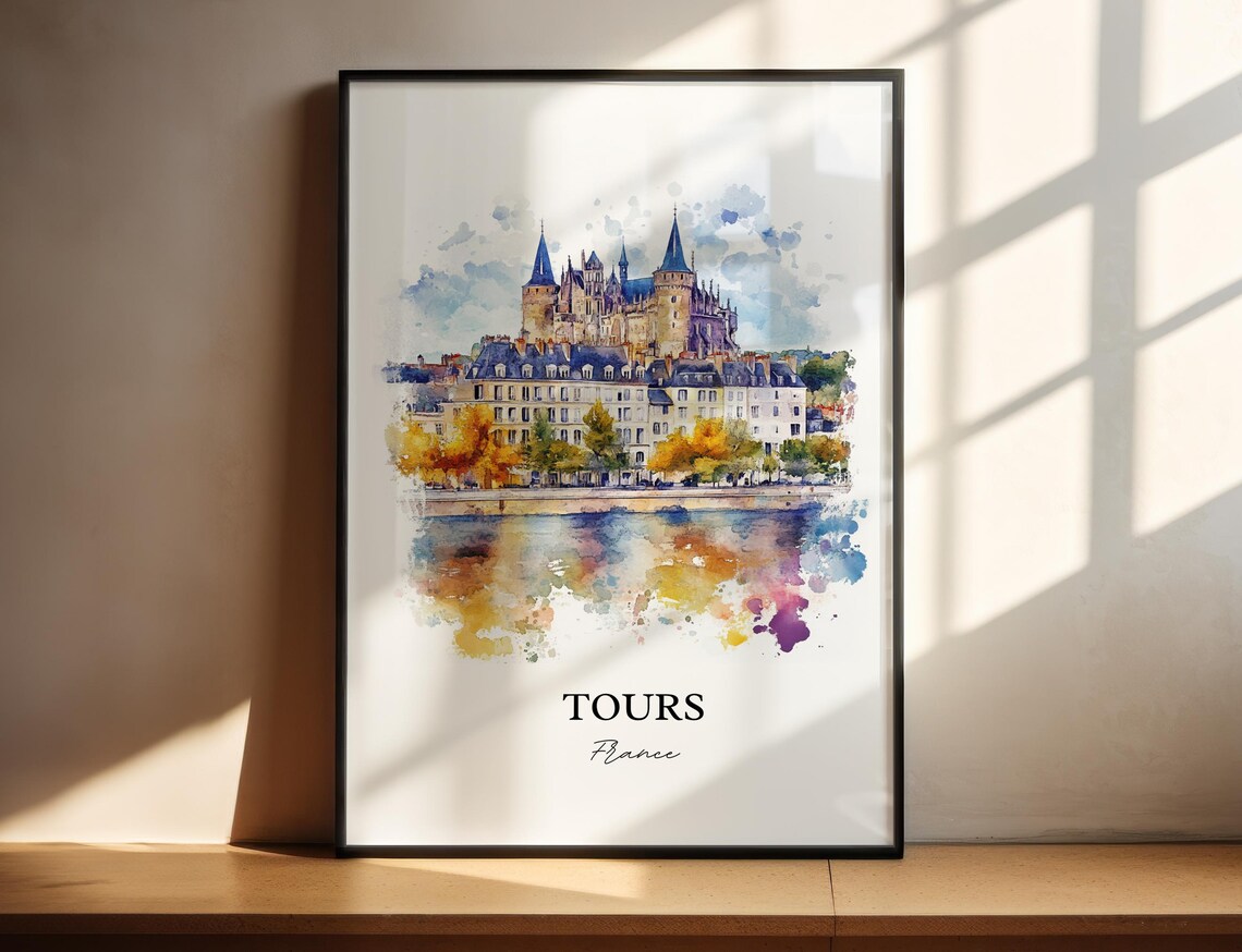 Tours France Riverside Basilica Reflection Watercolor Travel Poster