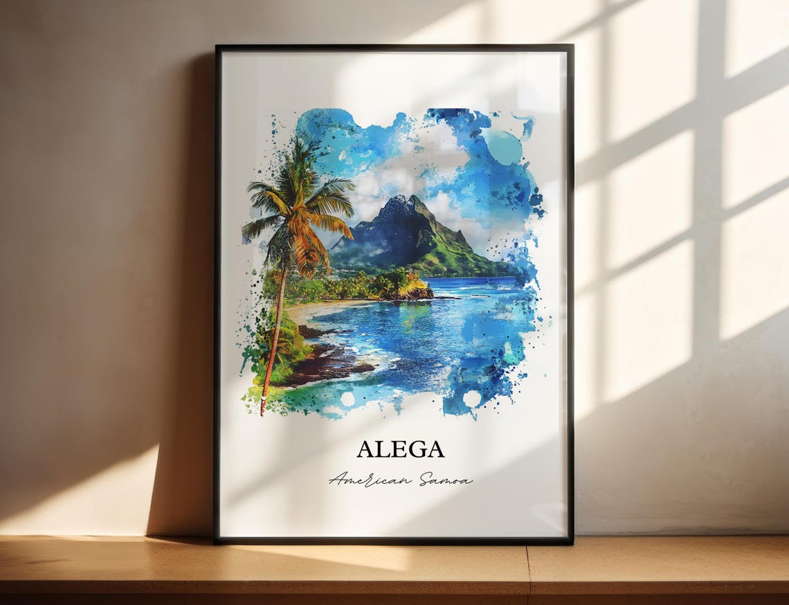 Alega American Samoa Volcanic Peak Palm Beach Watercolor Poster