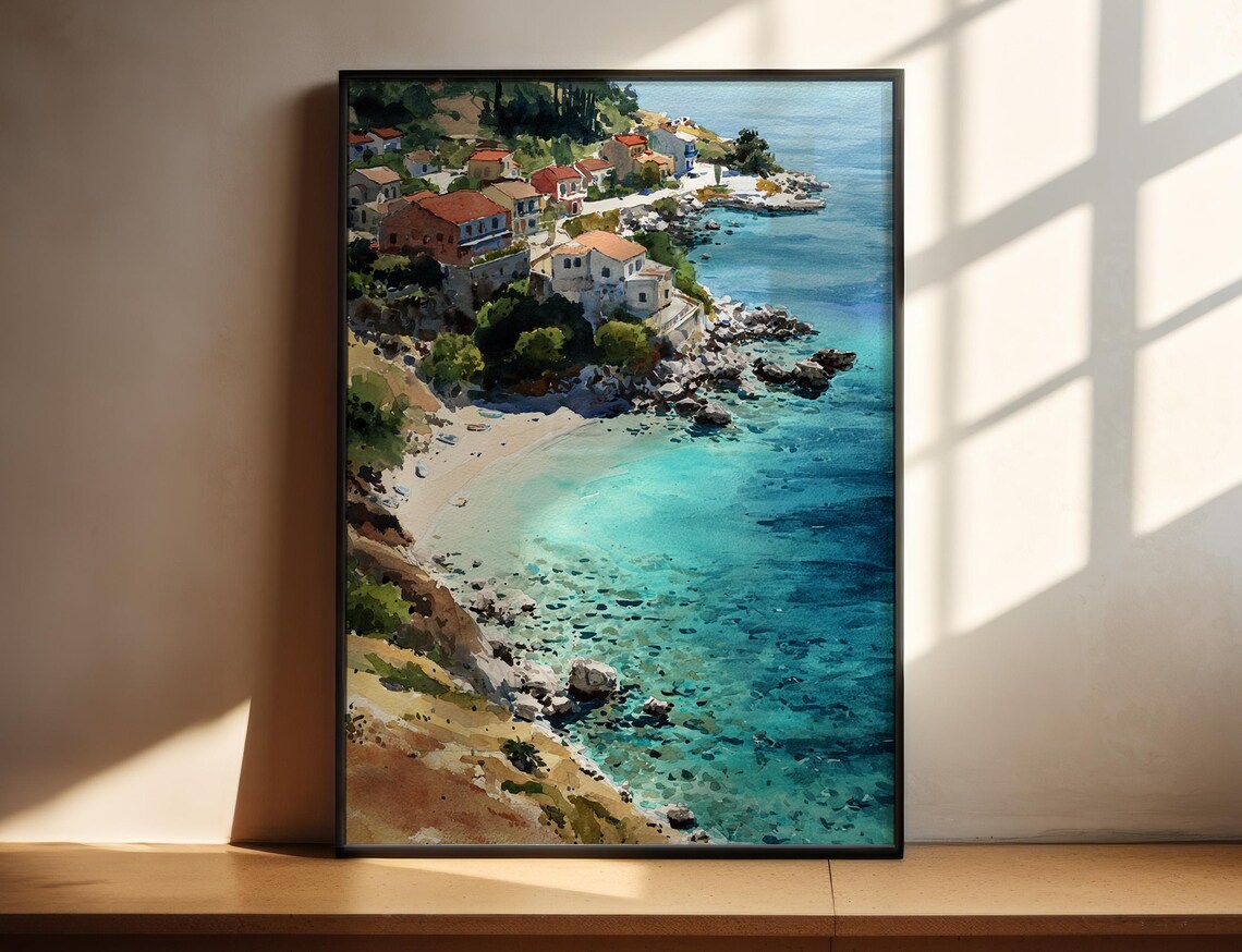 Kefalonia Greece Coastal Village Turquoise Watercolor Travel Poster