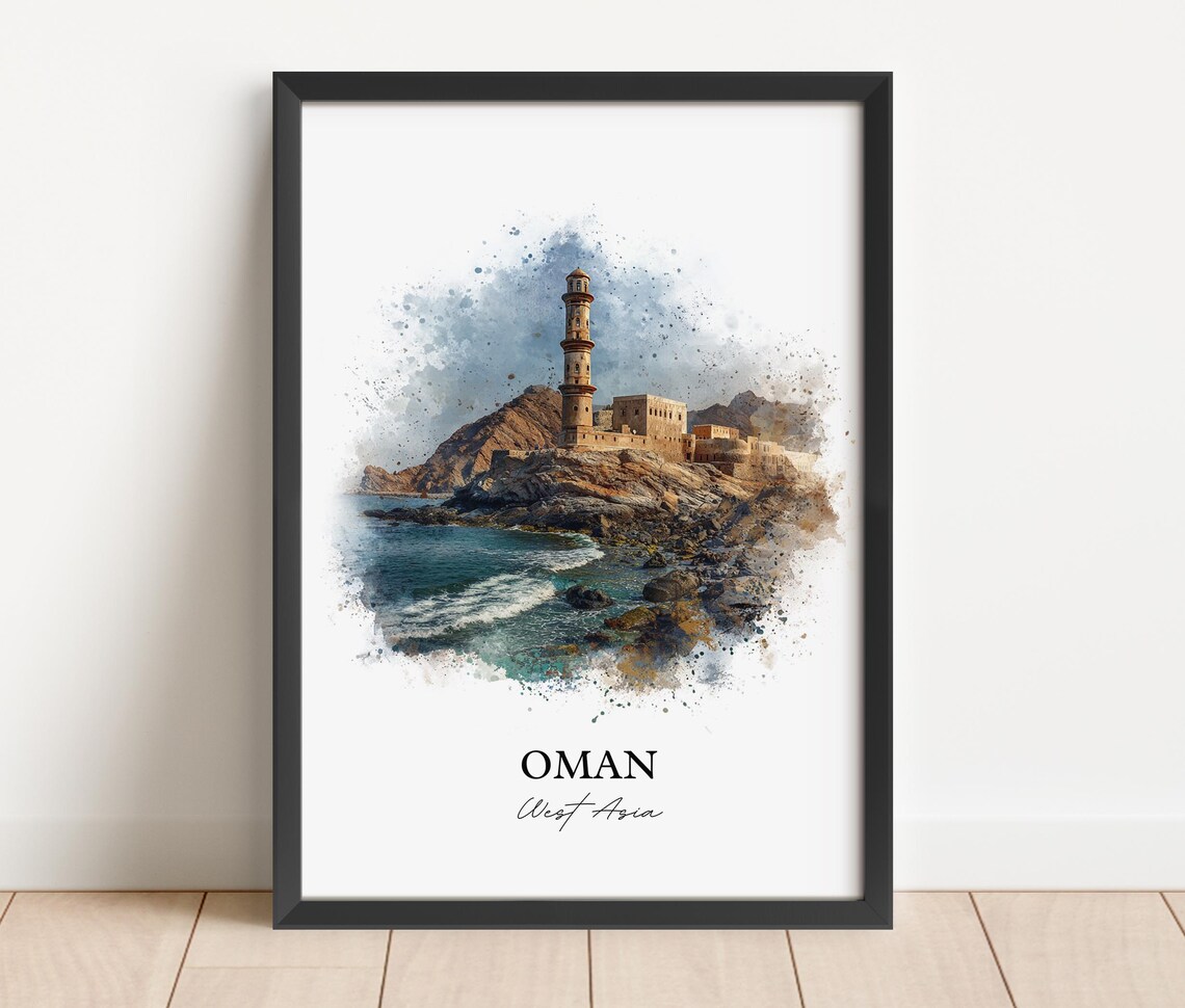 Oman West Asia Coastal Watchtower Fort Watercolor Travel Poster - Image 2