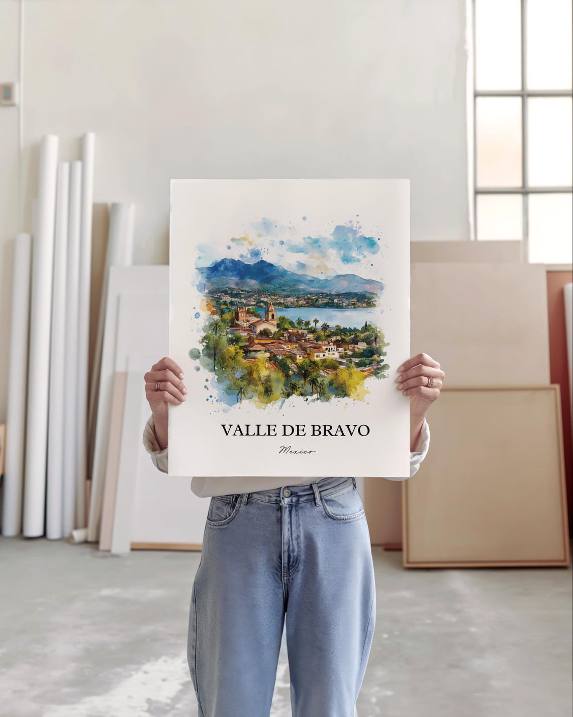 Valle De Bravo Wall Art Lake Avndaro Print Mexico Watercolor Gift Travel Poster Housewarming - Image 3