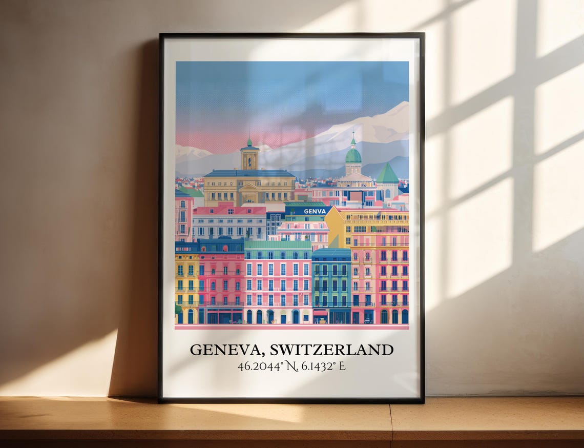 Geneva Switzerland Pastel Old Town Alpine View Travel Poster