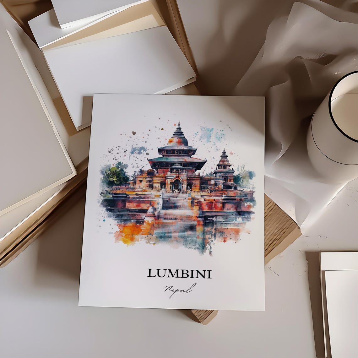Lumbini Nepal Watercolor Sacred Pilgrimage Temples Travel Poster - Image 3
