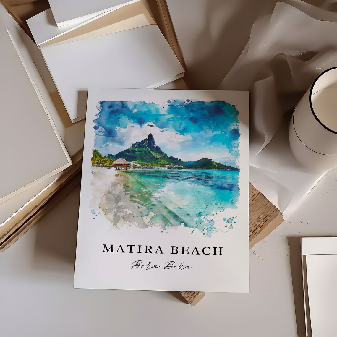 Matira Beach Bora Bora Peak Overwater Bungalows Watercolor Poster - Image 6