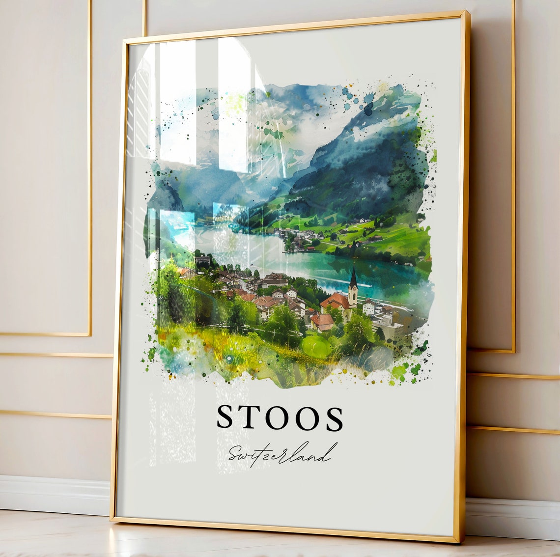 Stoos Switzerland Alpine Lake Village Watercolor Mountain Poster - Image 3