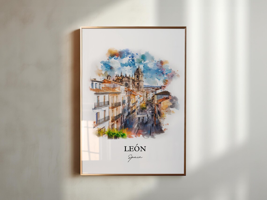 León Spain Gothic Cathedral City Street Watercolor Travel Poster - Image 3