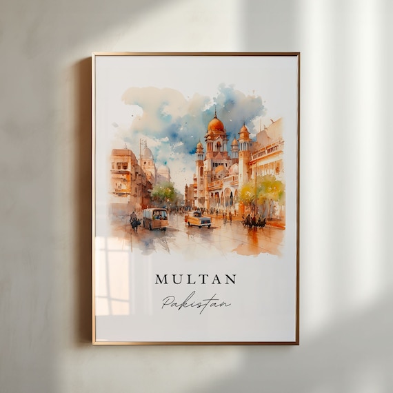 Multan Pakistan Watercolor Old City Street Shrine Travel Poster