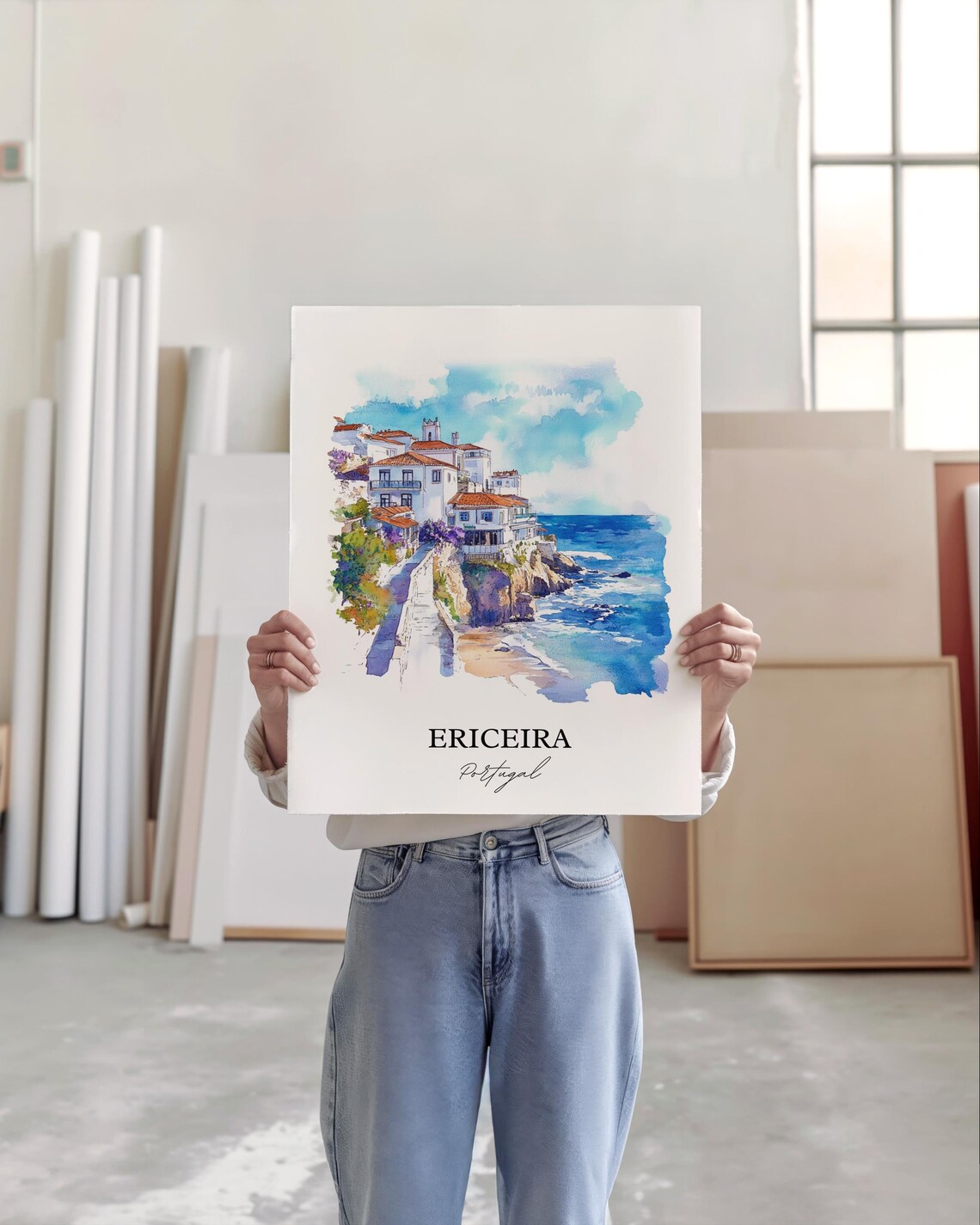Ericeira Portugal Watercolor Clifftop Fishing Village Seaside Poster - Image 5