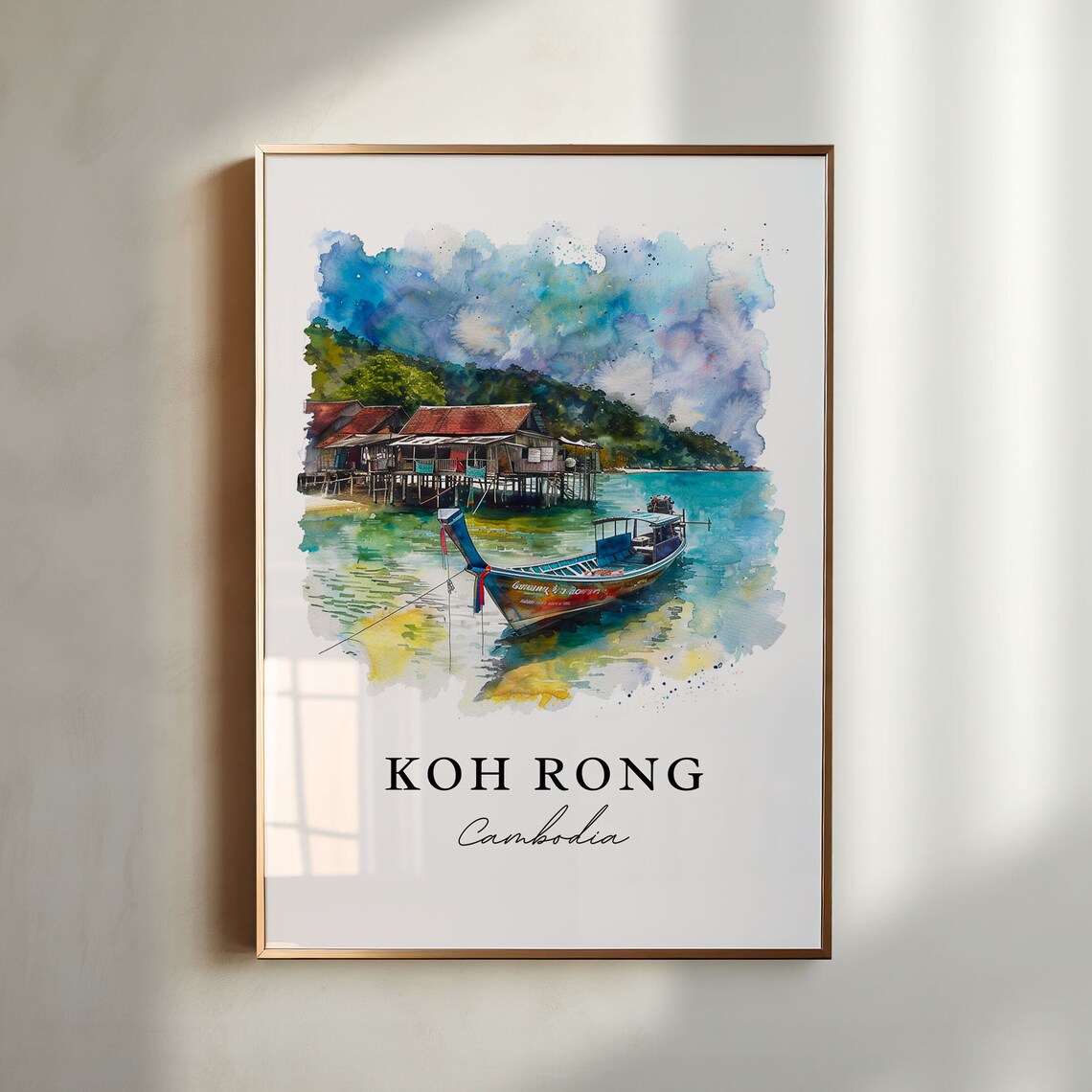 Koh Rong Cambodia Watercolor Stilt Houses Island Boat Art Poster