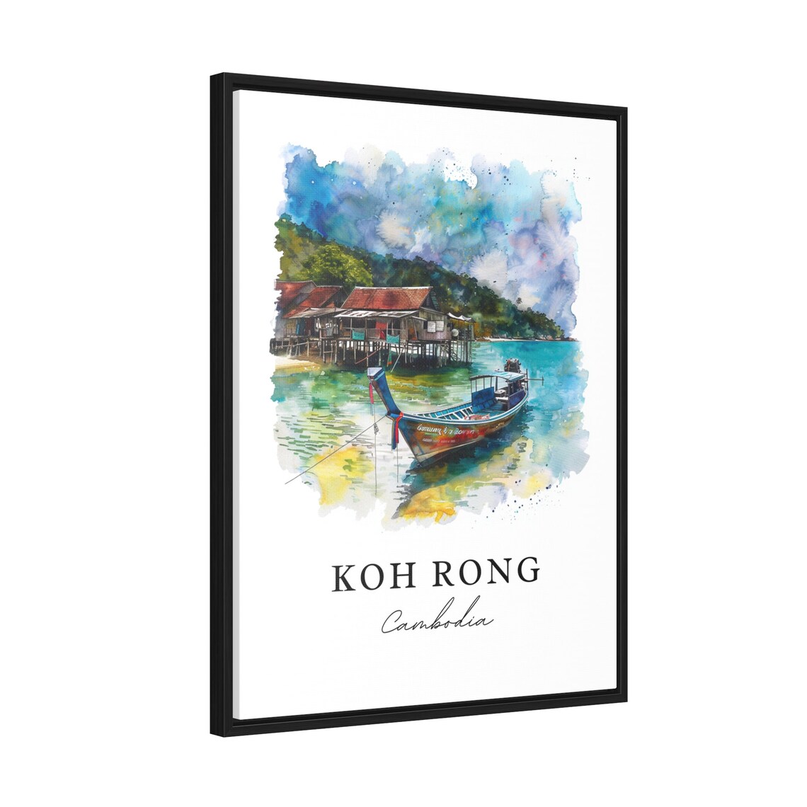 Koh Rong Cambodia Watercolor Stilt Houses Island Boat Art Poster - Image 2