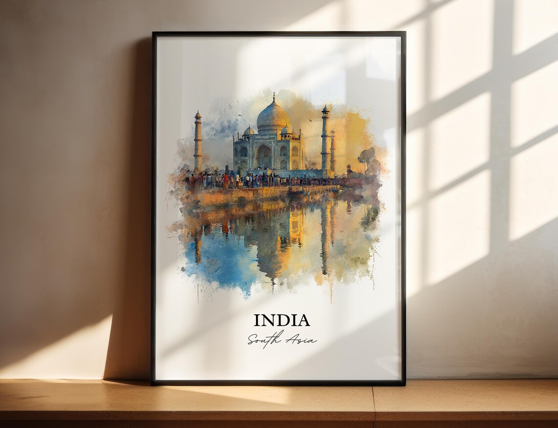Taj Mahal India Sunset Reflection Watercolor Landmark Travel Poster
