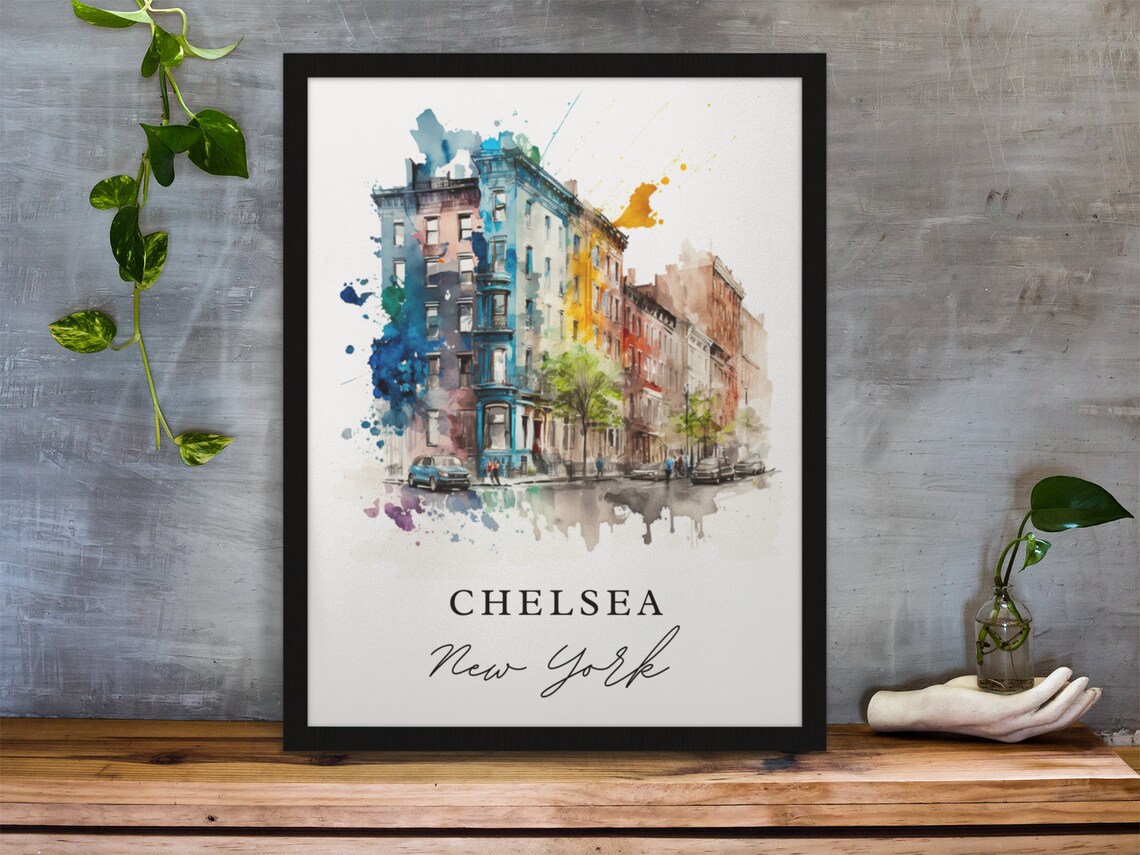 Chelsea New York Historic Brownstone Row Watercolor Travel Poster