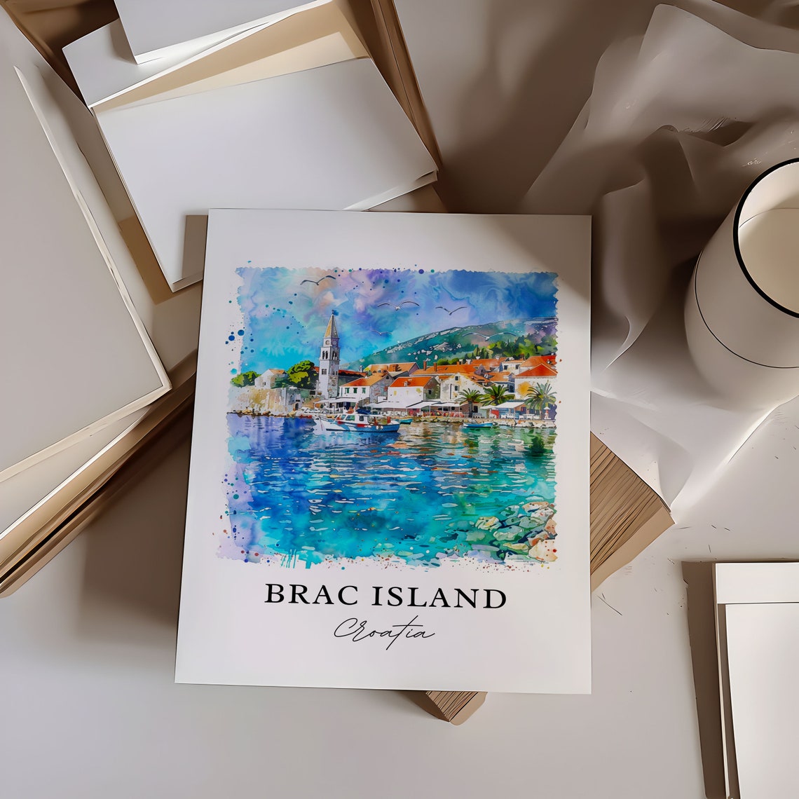 Brac Island Croatia Harbor Bell Tower Watercolor Seaside Poster - Image 6
