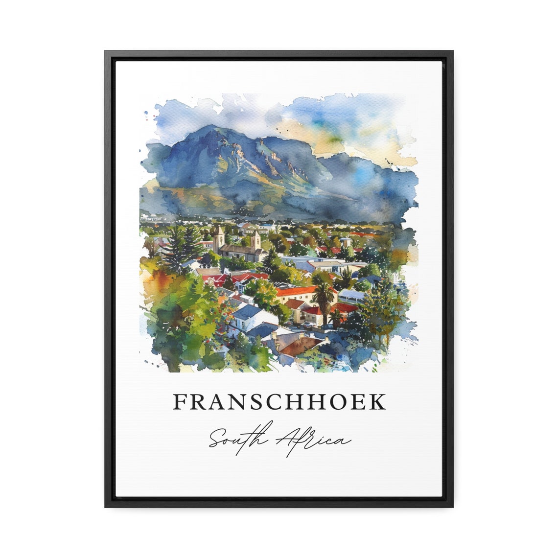 Franschhoek South Africa Mountain Town Panorama Watercolor Poster