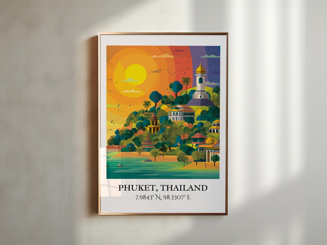 Phuket Thailand Sunset Hill Temple Bell Tower Retro Travel Art Poster - Image 3