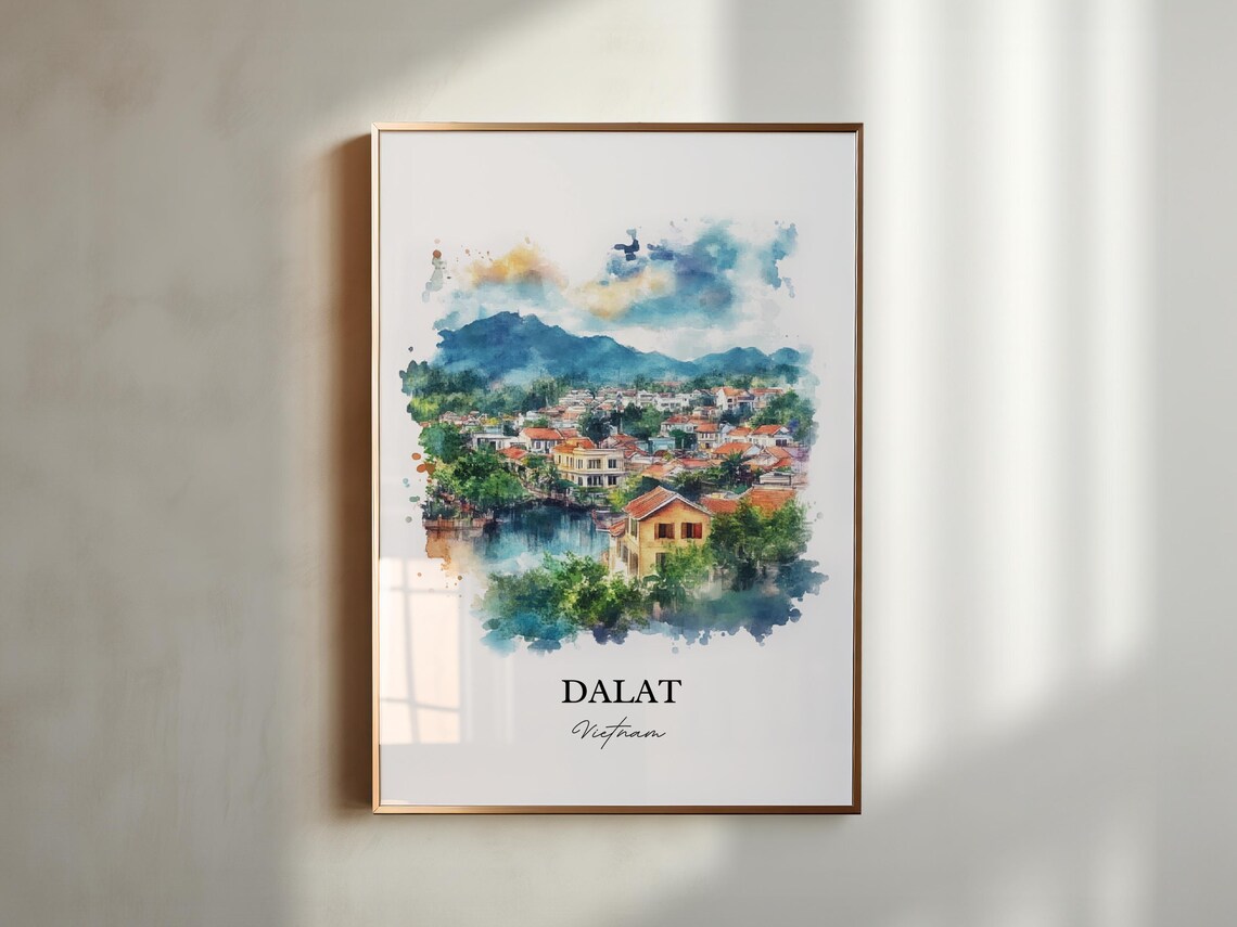 Dalat Vietnam Watercolor Art Misty Highland Town Lake Poster - Image 5