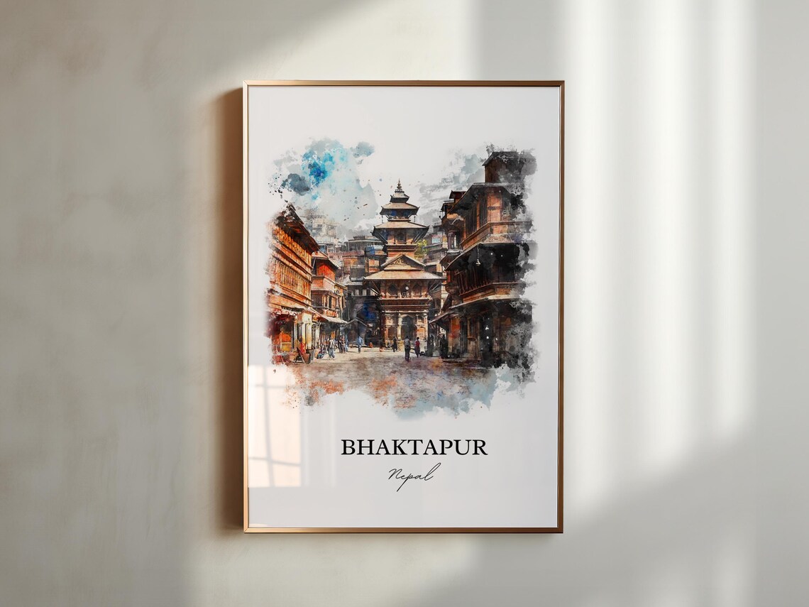 Bhaktapur Nepal Watercolor Pagoda Temple Square Travel Poster - Image 6