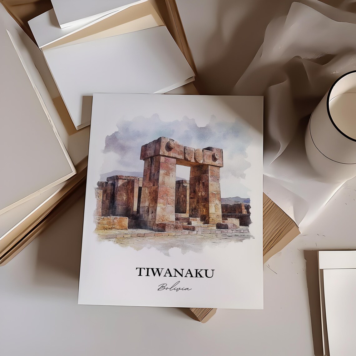 Tiwanaku Bolivia Ancient Ruins Gate of the Sun Watercolor Art Poster - Image 3
