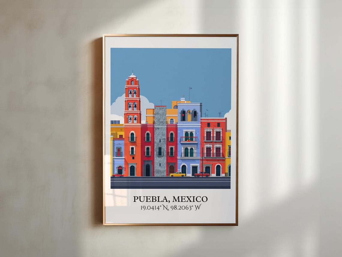 Puebla Mexico Colonial Bell Tower Old Street Retro Travel Poster - Image 6