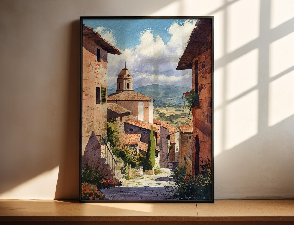 Sardinia Italy Village Lane Church Dome Watercolor Travel Poster