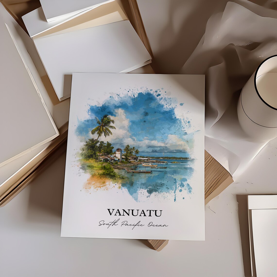 Vanuatu South Pacific Harbor Boats Watercolor Island Art Poster - Image 5