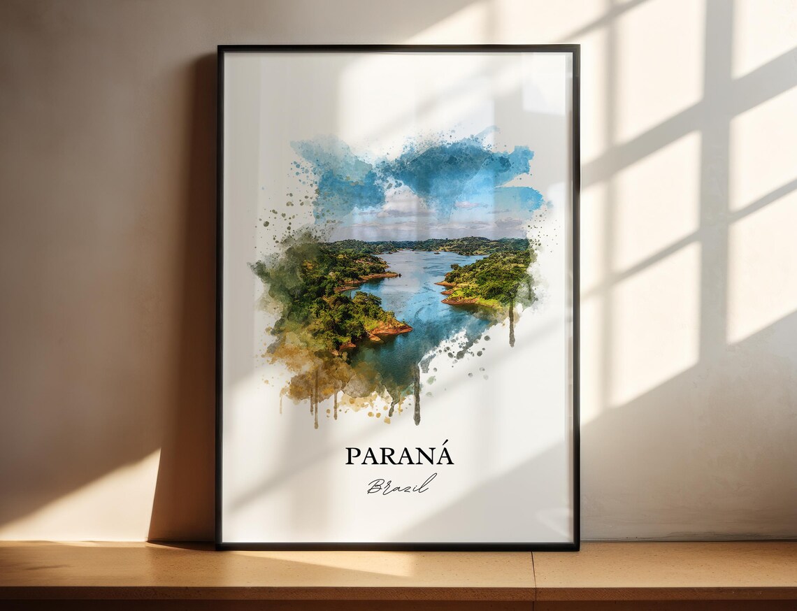 Parana Brazil Lush Watercolor River Forest Aerial Travel Poster