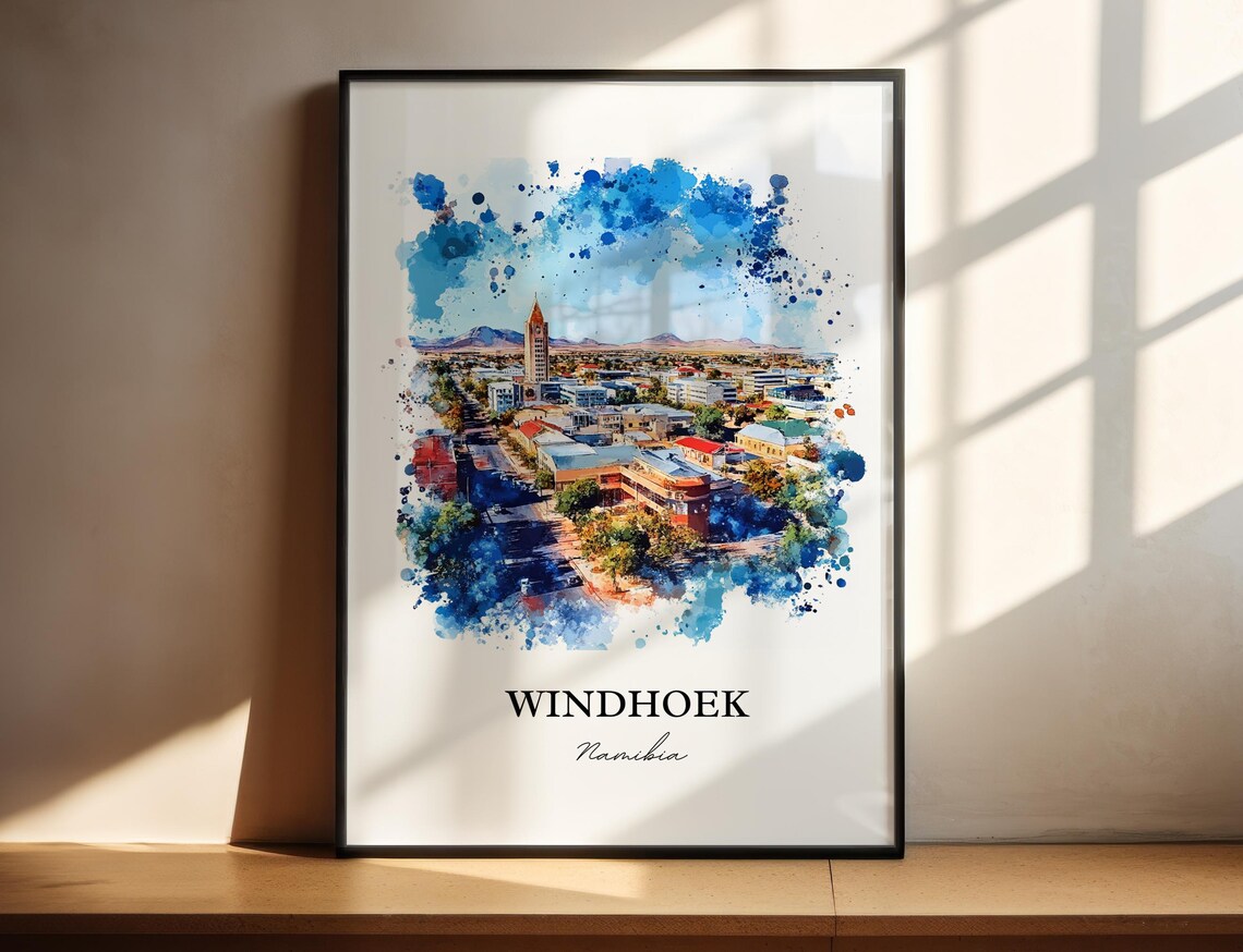 Windhoek Namibia Watercolor City Skyline Landmark Travel Poster