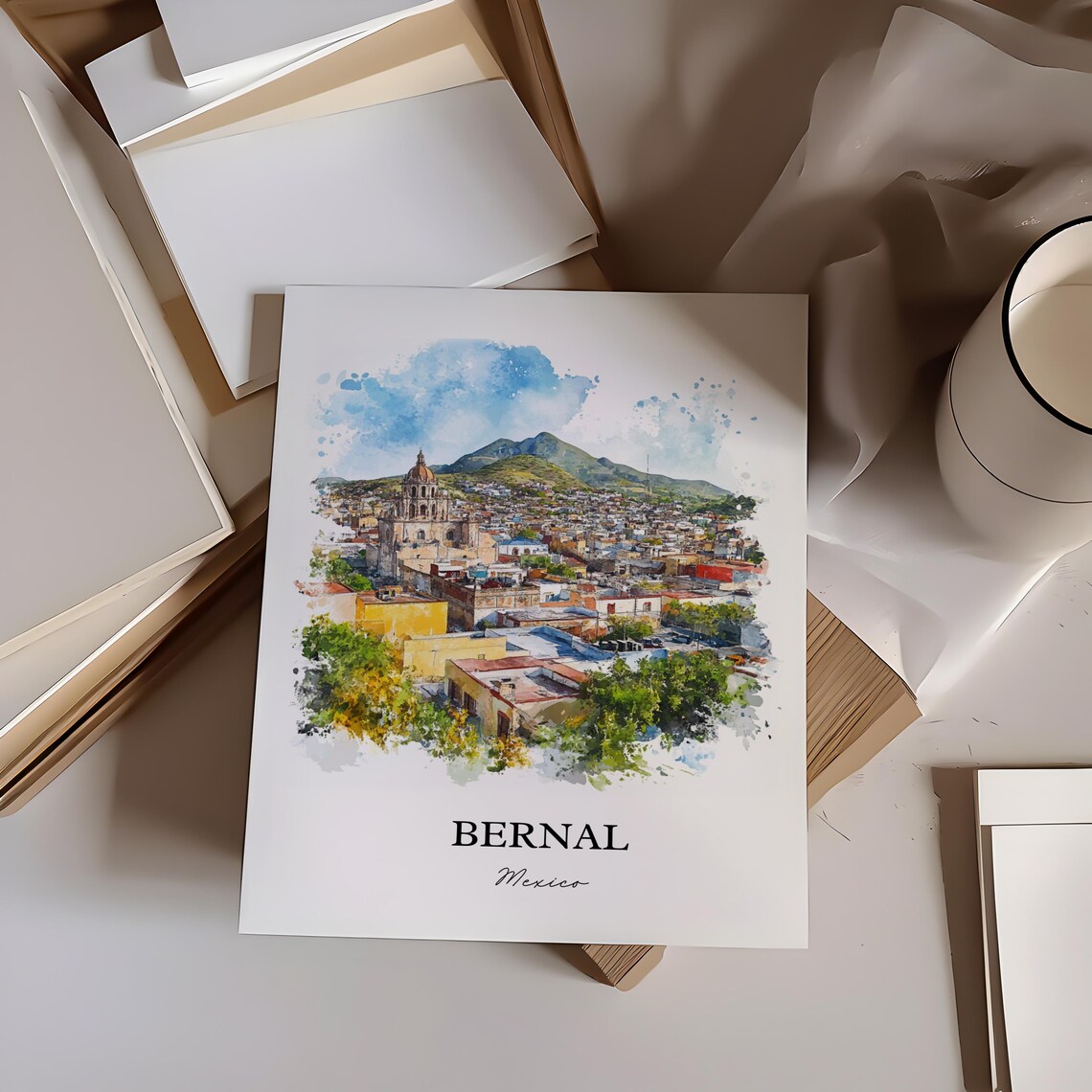 Bernal Mexico Rocky Mountain Town Church Watercolor Travel Poster - Image 3