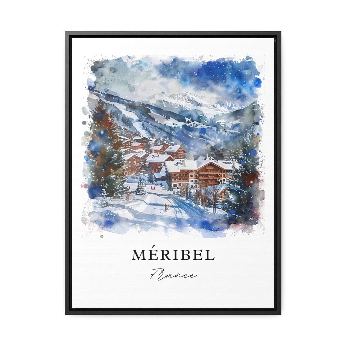 Meribel France Watercolor Ski Resort Village Snowy Slopes Poster - Image 3
