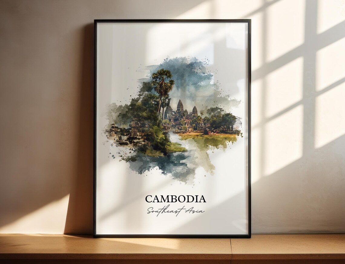 Cambodia Southeast Asia Ancient Temple Ruins Watercolor Travel Poster