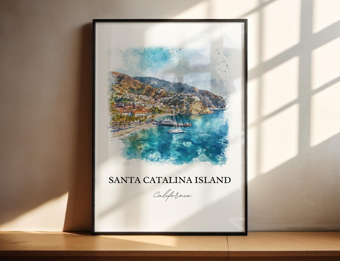 Santa Catalina Island California Avalon Bay Watercolor Travel Poster