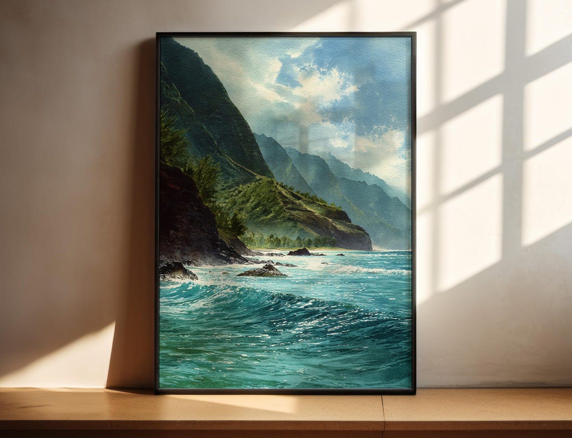 Molokai Hawaii Sea Cliffs Turquoise Ocean Watercolor Poster Art