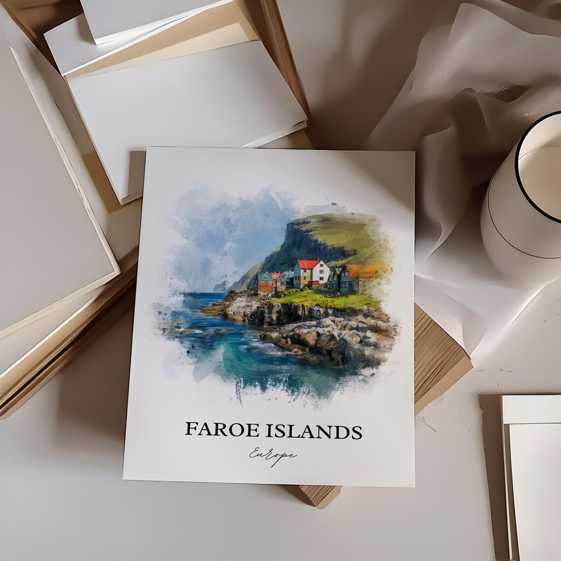 Faroe Islands Colorful Cliff Village Watercolor Europe Travel Poster - Image 3