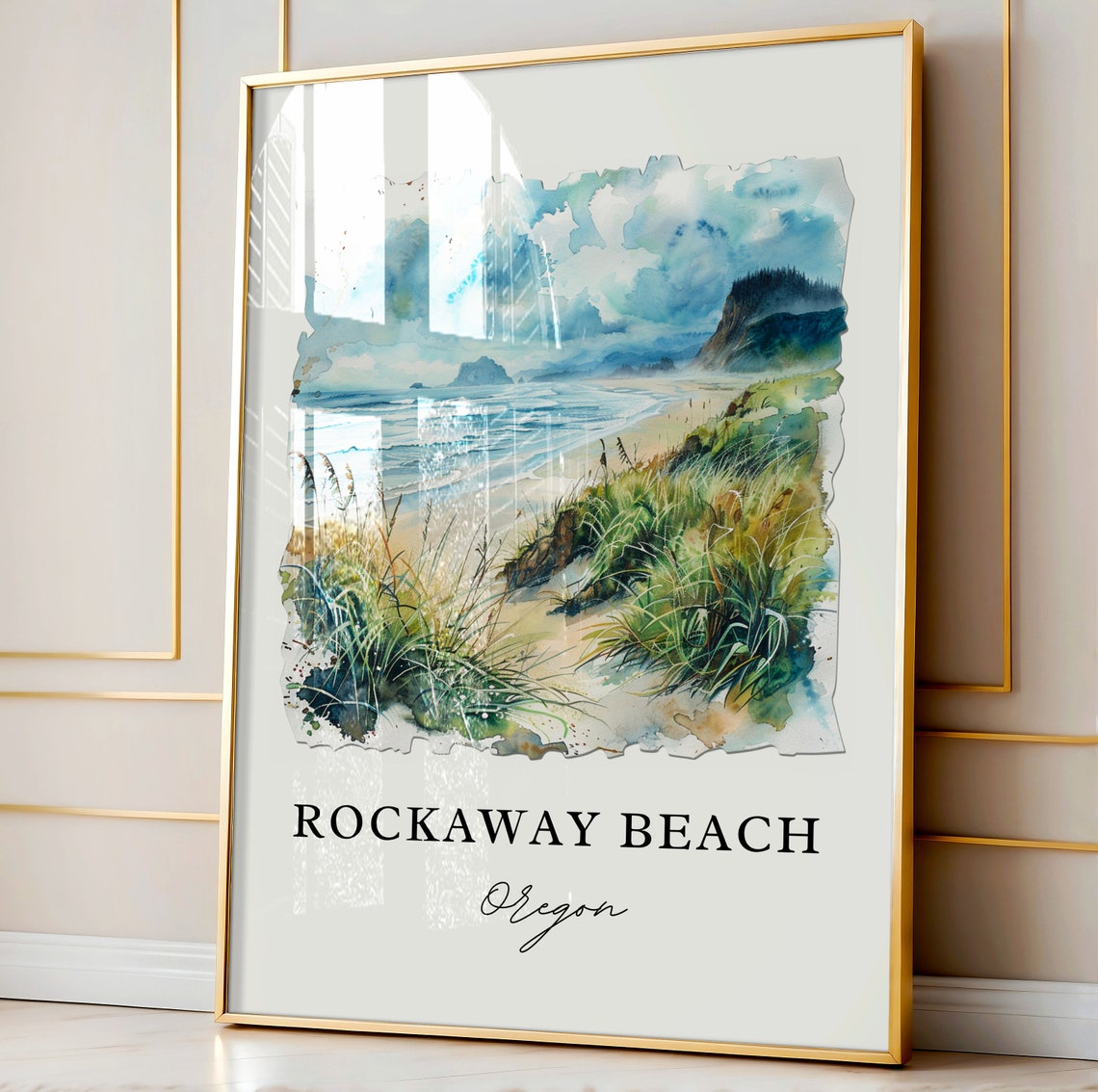 Rockaway Beach Oregon Watercolor Sandy Dunes Ocean Scene Poster - Image 4