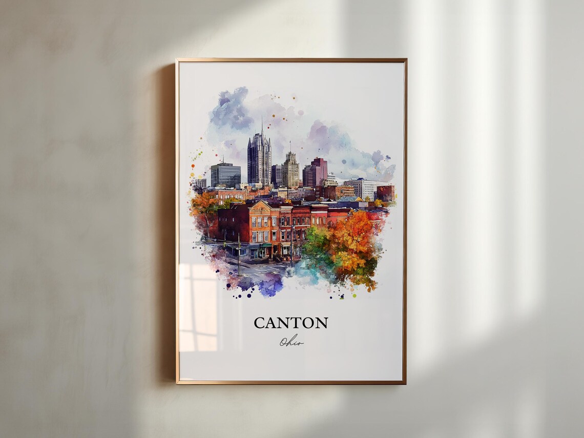 Canton Ohio Watercolor Fall Downtown City Skyline Scene Poster - Image 4