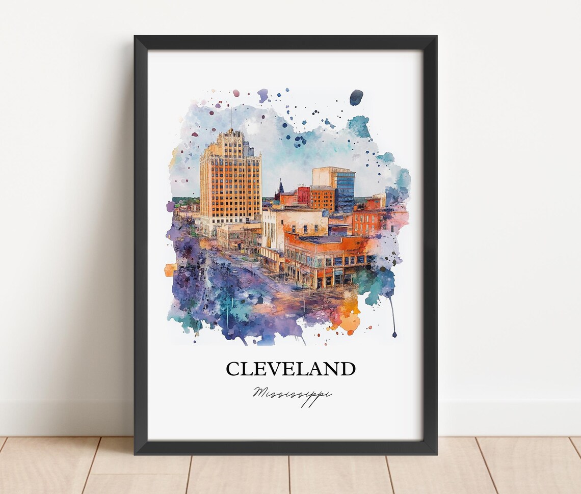 Cleveland Mississippi Downtown Skyline Splash Watercolor Poster