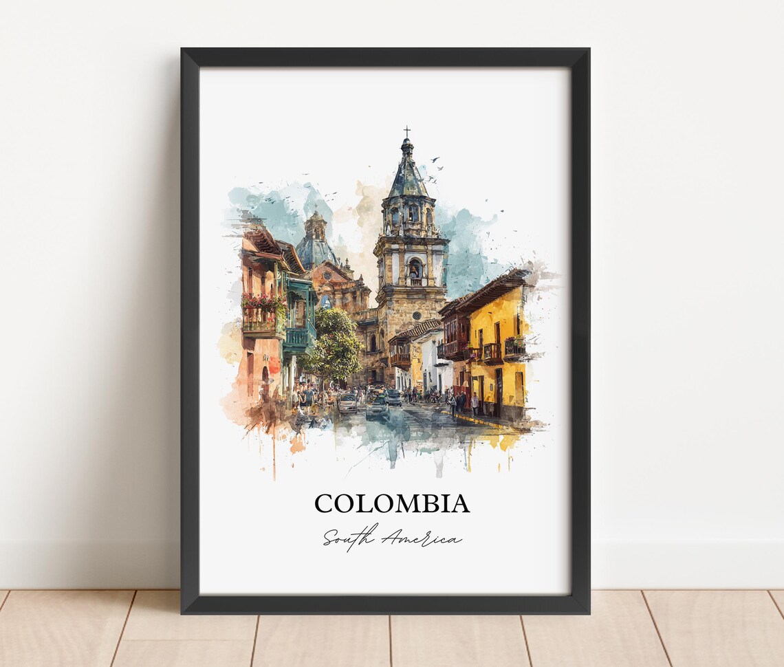 Colombia Watercolor Colonial Old Town Cathedral Street Travel Poster - Image 2
