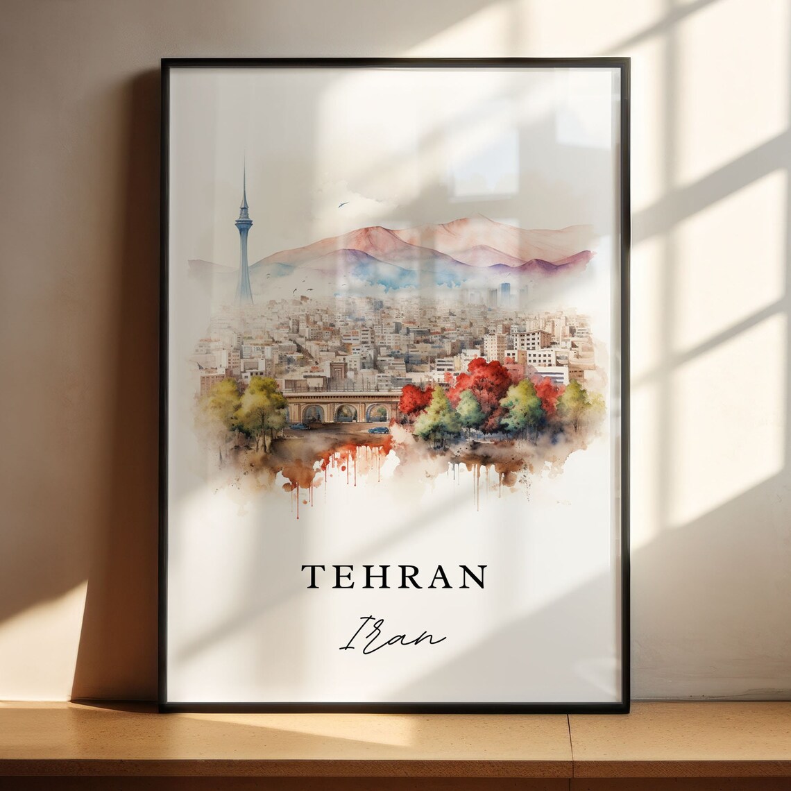 Tehran Iran Watercolor Skyline Milad Tower Mountain City Poster - Image 5