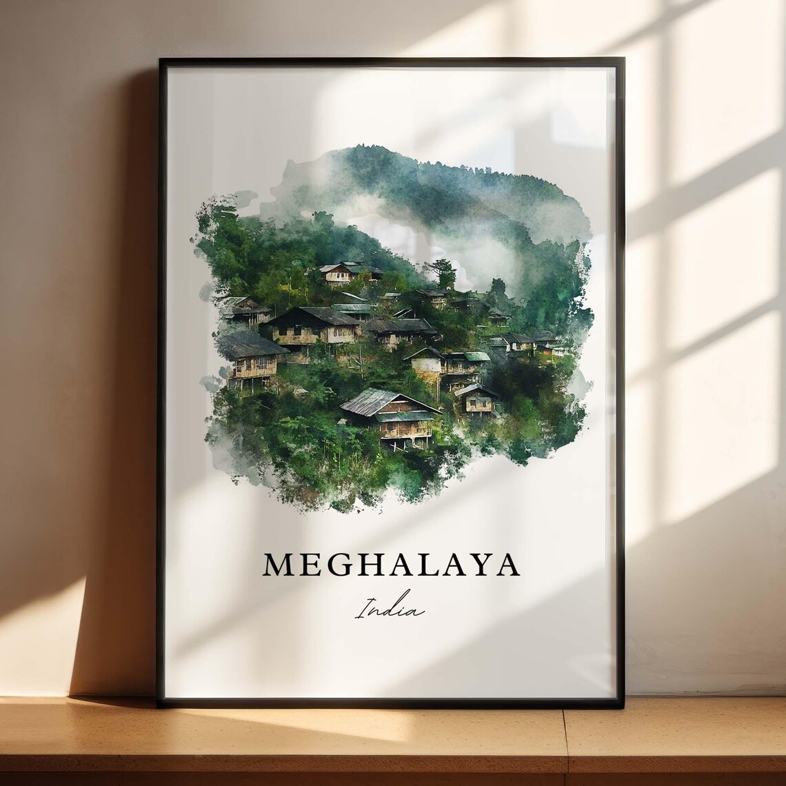 Meghalaya India Misty Mountain Village Green Hills Watercolor Poster - Image 4